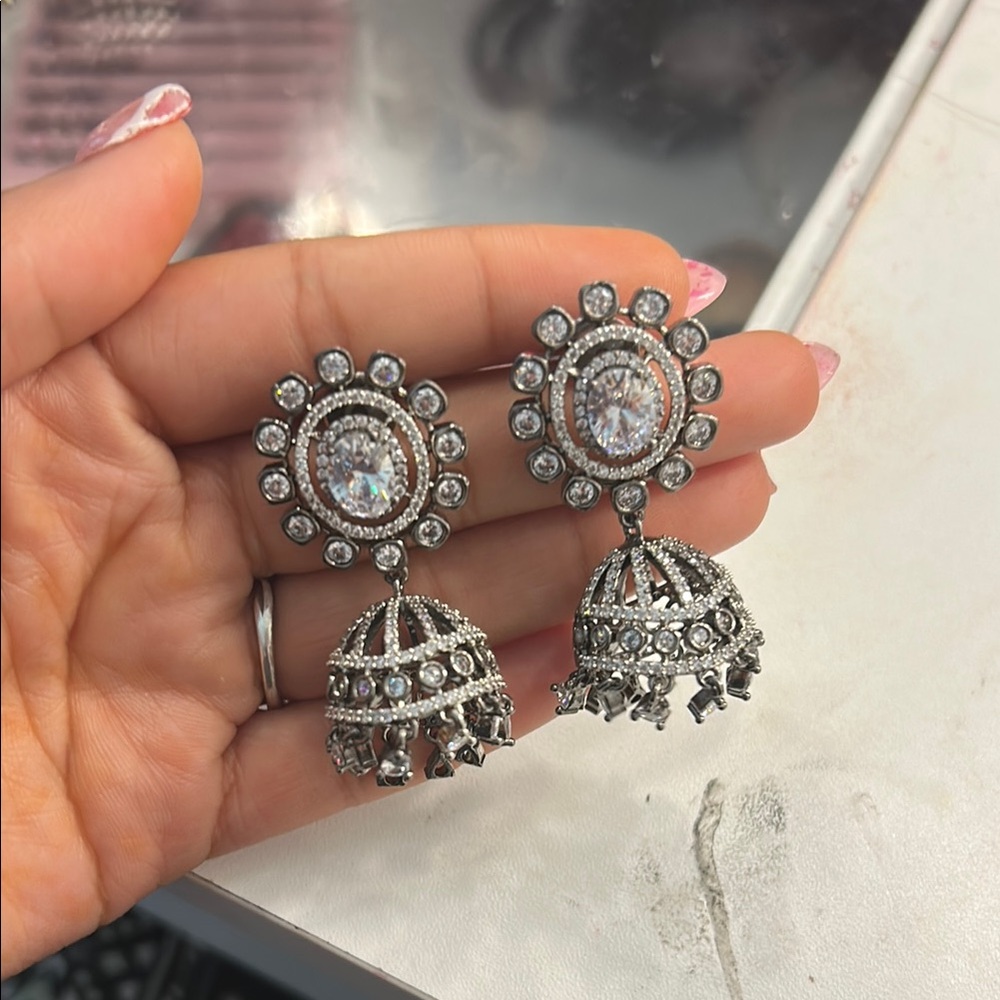 Ornate Silver Filigree Earrings with Jhumka Design